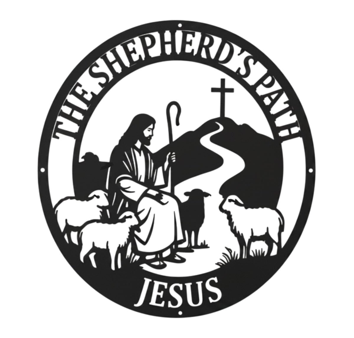 Jesus der gute Hirte mit Lämmern und Kreuz Metallschild rund – Bild 1