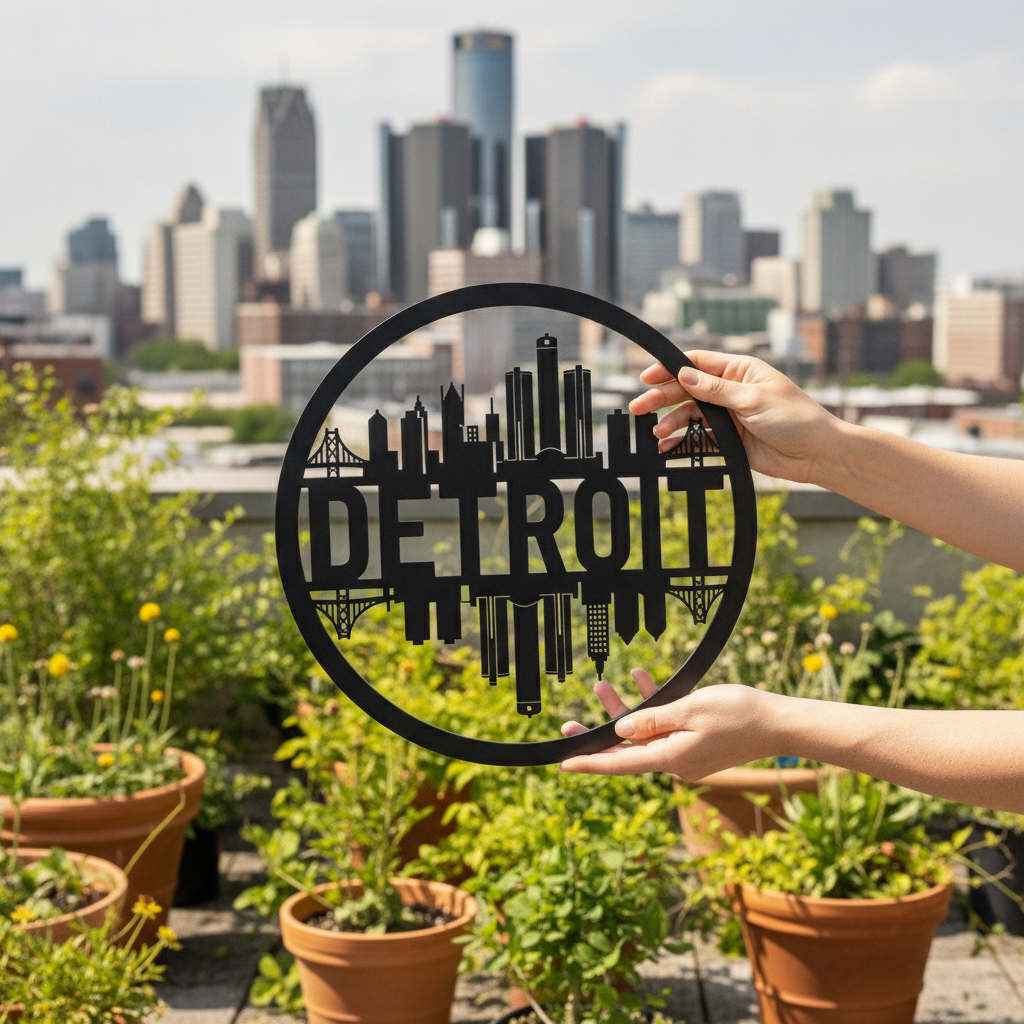 Round Detroit skyline metal wall art in black steel – image 9