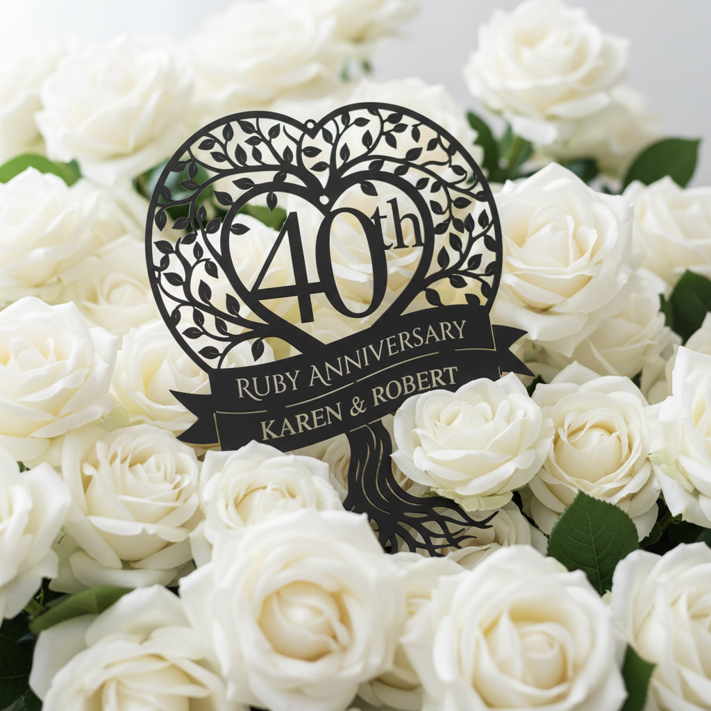 Personalisiertes Metallschild zur Rubinhochzeit mit Lebensbaum und Namen aus schwarzem Stahl – Bild 9
