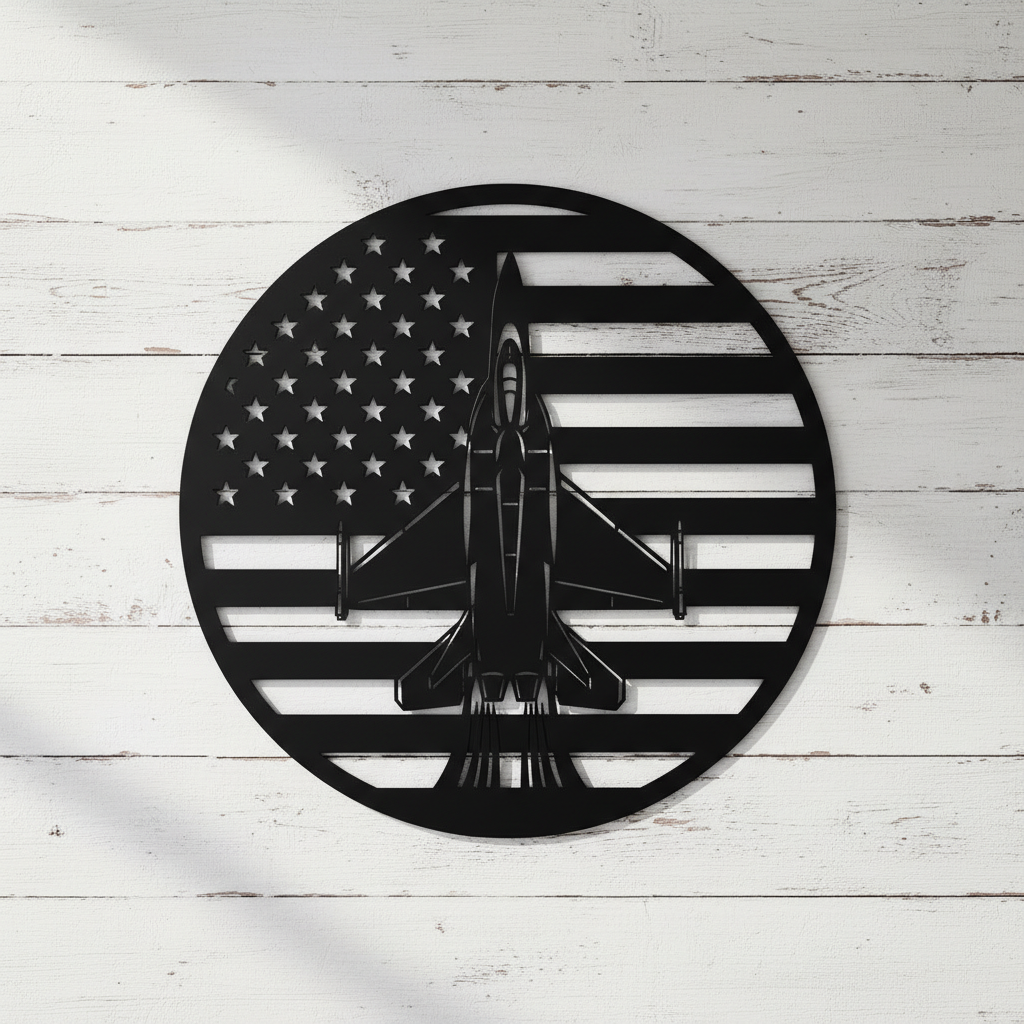 Kampfjet mit amerikanischer Flagge Metall Wanddeko rund – Bild 5