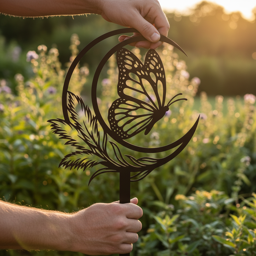 Schmetterling mit Mondsichel und Feder Gartenstecker – Bild 4