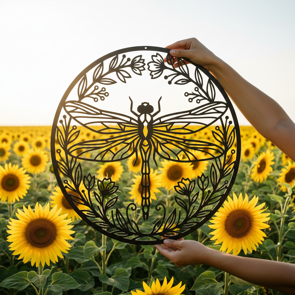 Rundes Libelle Metallschild im Blumenkranz aus schwarzem Stahl – Bild 8