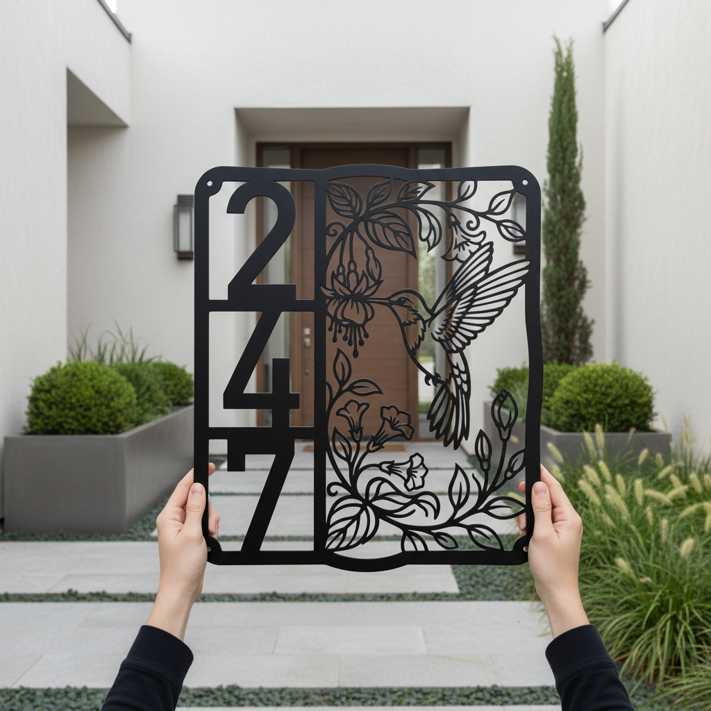 Custom house number sign with hummingbird and street name in black steel – image 9