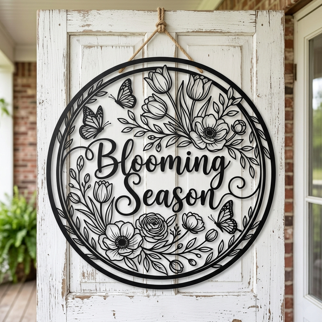 Blooming Season Blumen und Schmetterlinge Metallschild rund – Bild 1