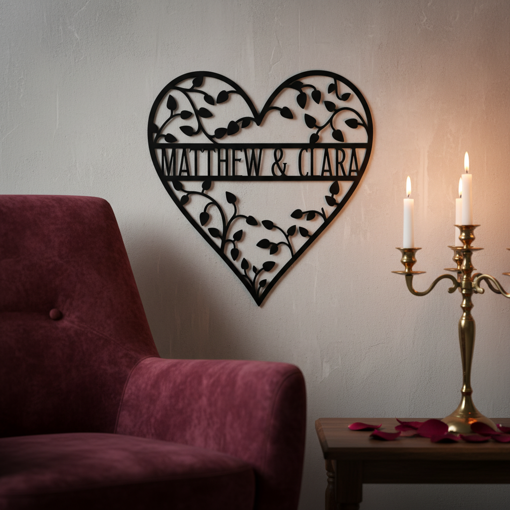 Personalized heart metal sign with leafy vines and couple names in black steel – image 6