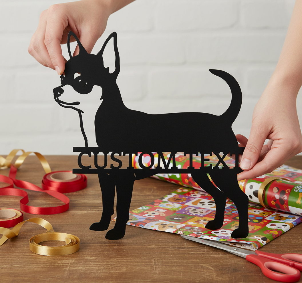 Personalized Chihuahua metal sign with dog name in black steel