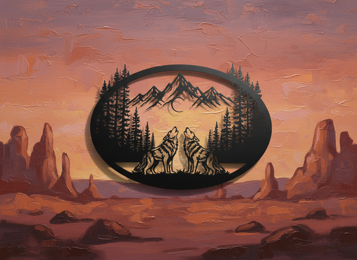 Oval howling wolves metal wall art with mountains and crescent moon in black steel