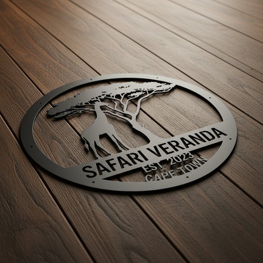 Personalisiertes rundes Safari Metallschild mit Giraffe, Akazie und Namen aus schwarzem Stahl – Bild 6