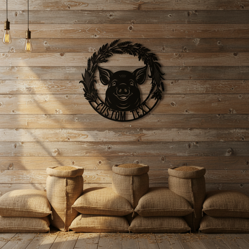 Personalized pig head farm sign with leaf wreath and name in black steel – image 5