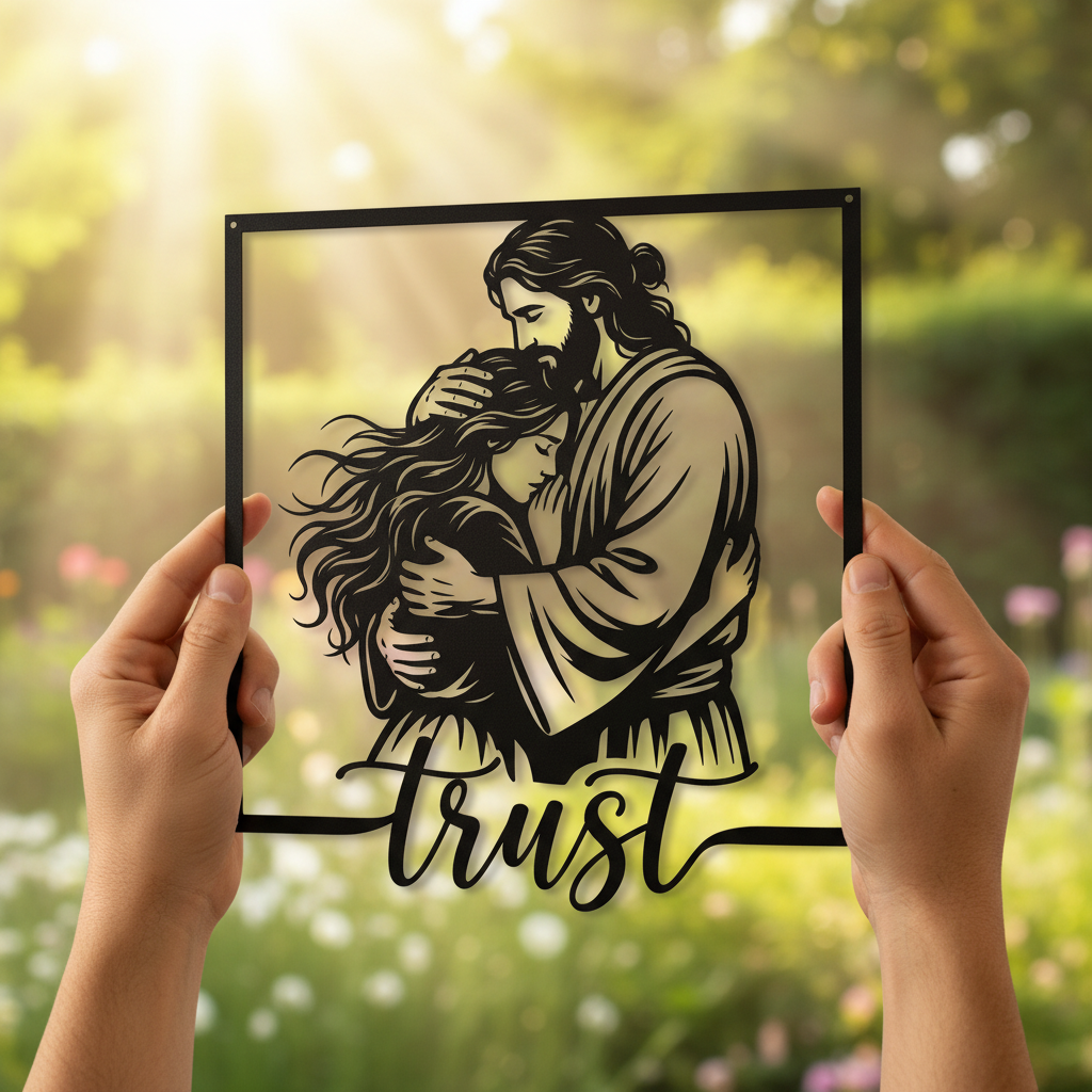 Personalized Jesus embrace metal sign with Trust in Jesus in black steel – image 10