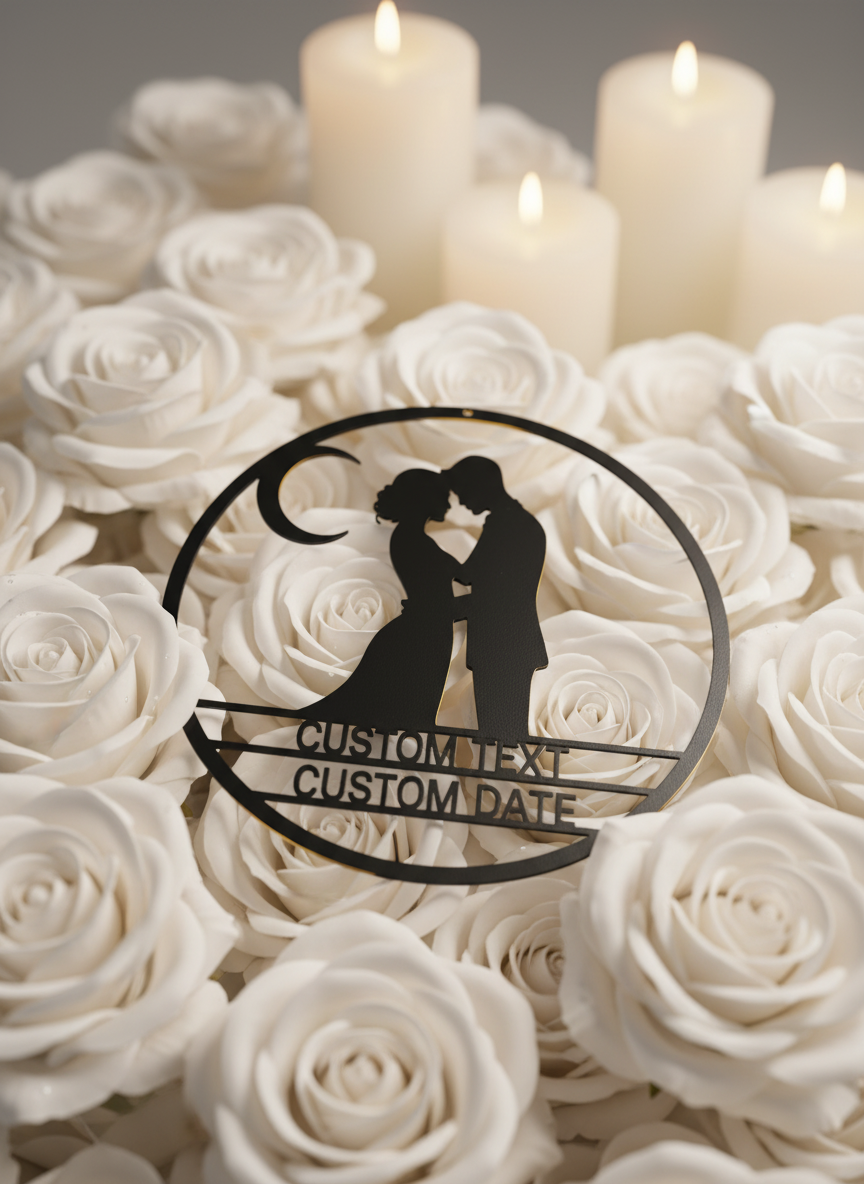 Personalized round metal sign with couple on crescent moon and stars