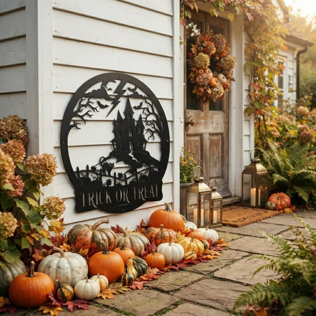 Halloween Spukhaus mit Fledermäusen Trick or Treat Metallschild rund – Bild 2