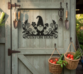 Personalized garden gnome metal sign with flowers, mushroom and name in black steel