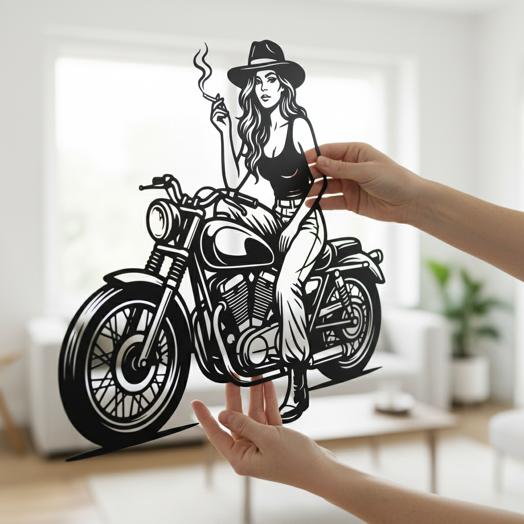 Bikerin auf Motorrad Metallschild