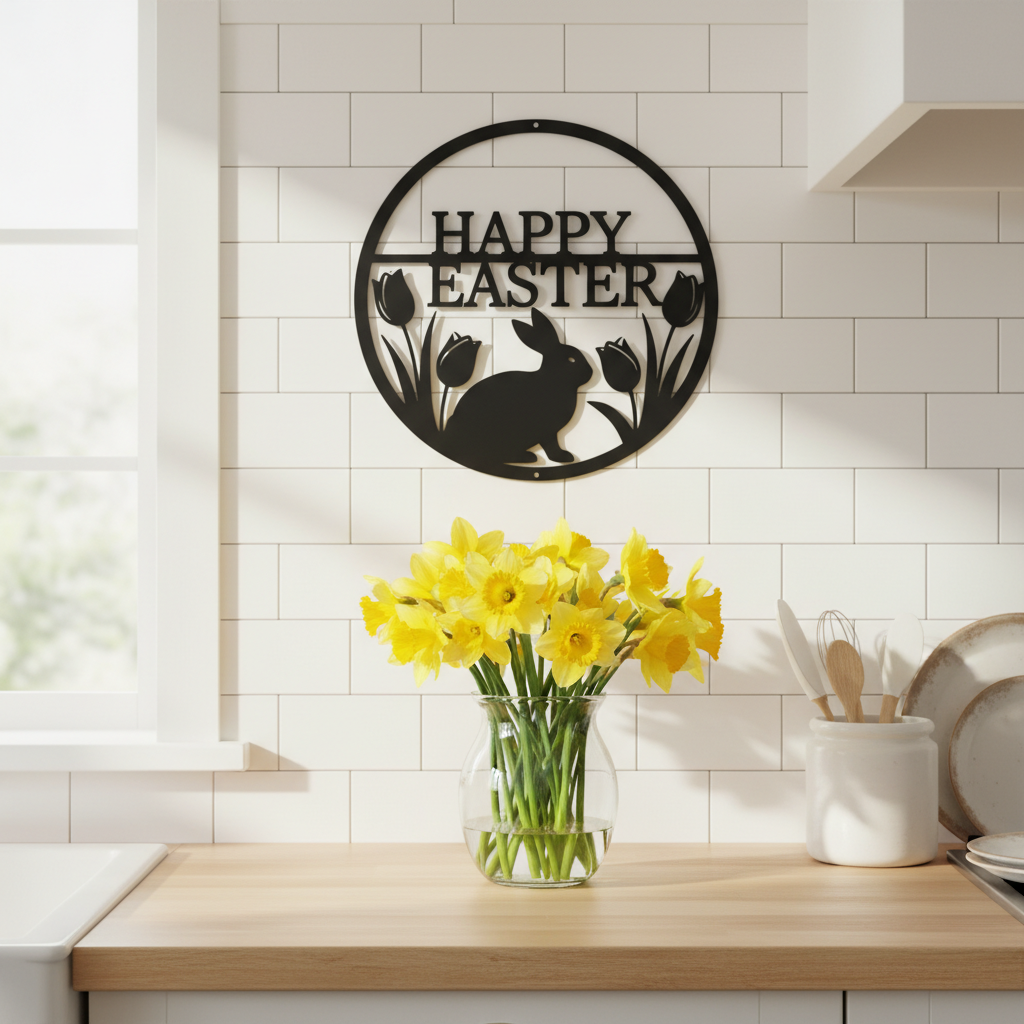 Rundes Osterhase Metallschild mit Tulpen und Happy Easter aus schwarzem Stahl – Bild 3
