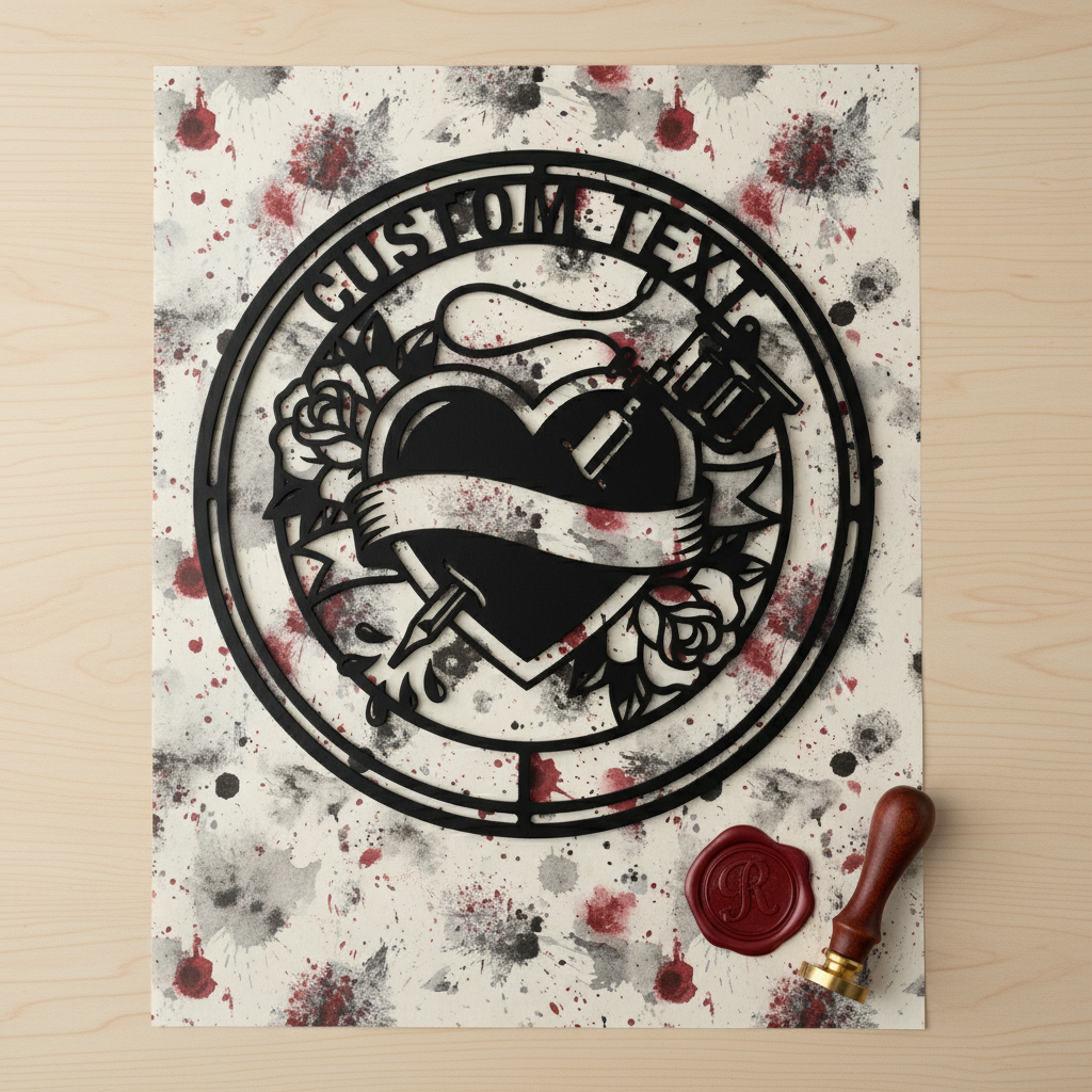 Personalized round tattoo studio sign with heart, rose and tattoo machine in black steel – image 8