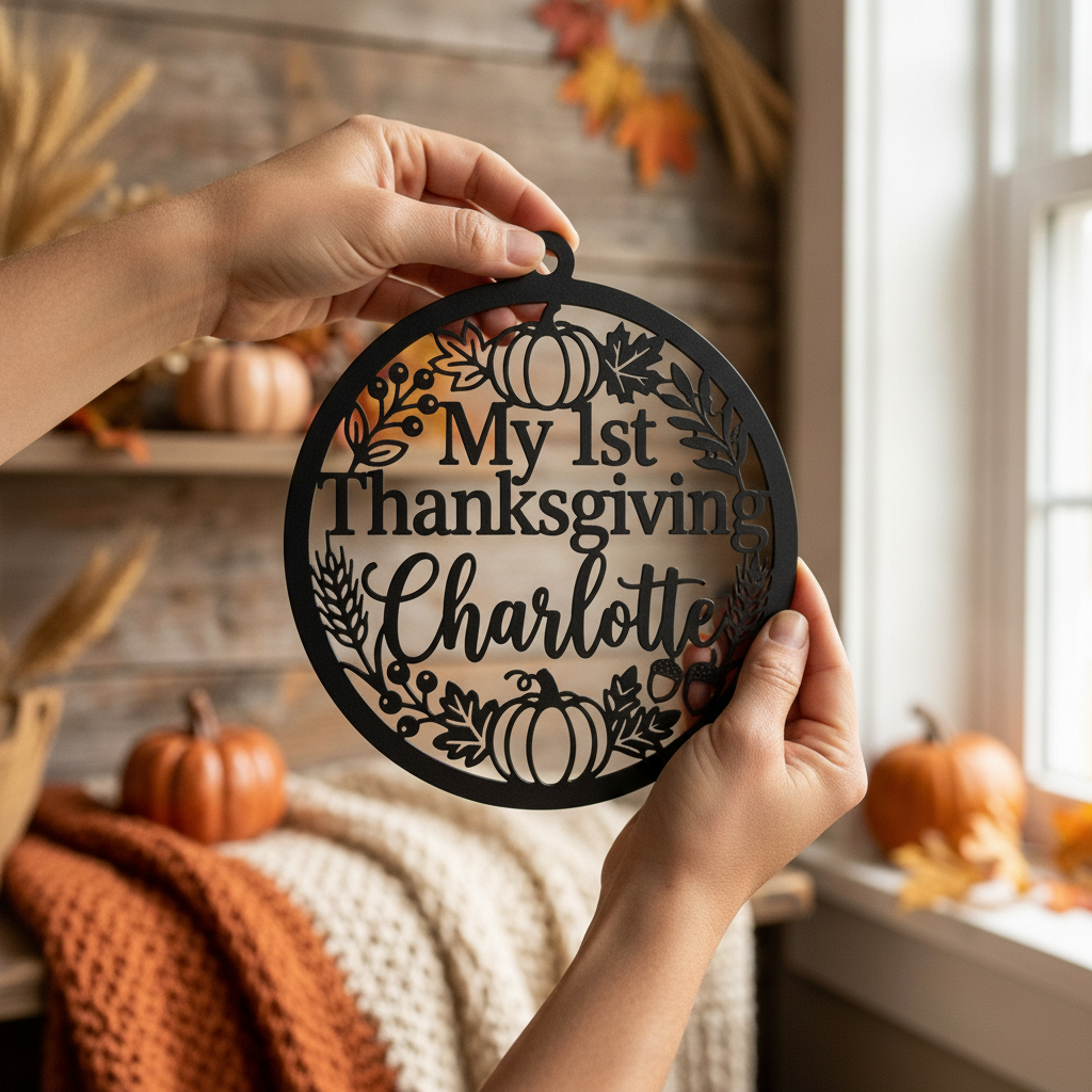 Personalized round My 1st Thanksgiving metal ornament with baby name and fall motifs – image 10