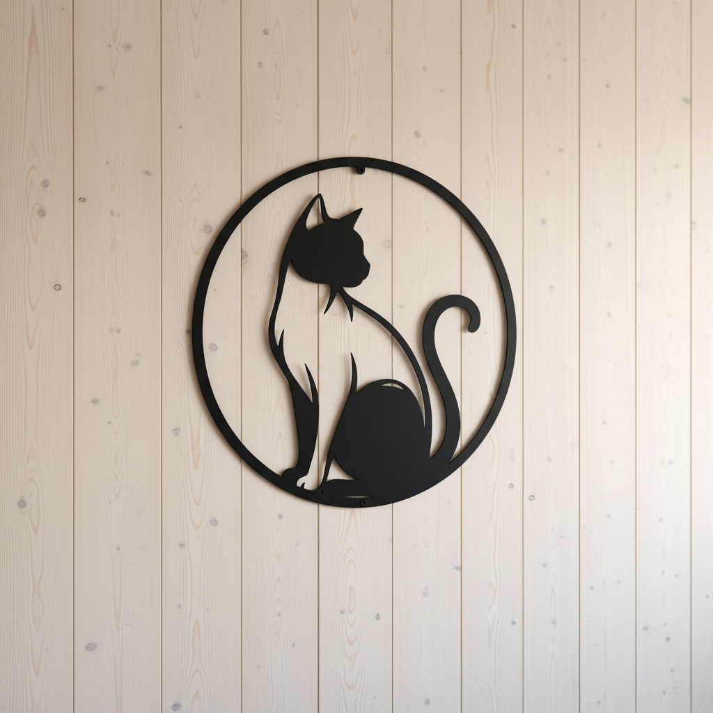 Round cat profile silhouette metal wall art in black steel – image 4