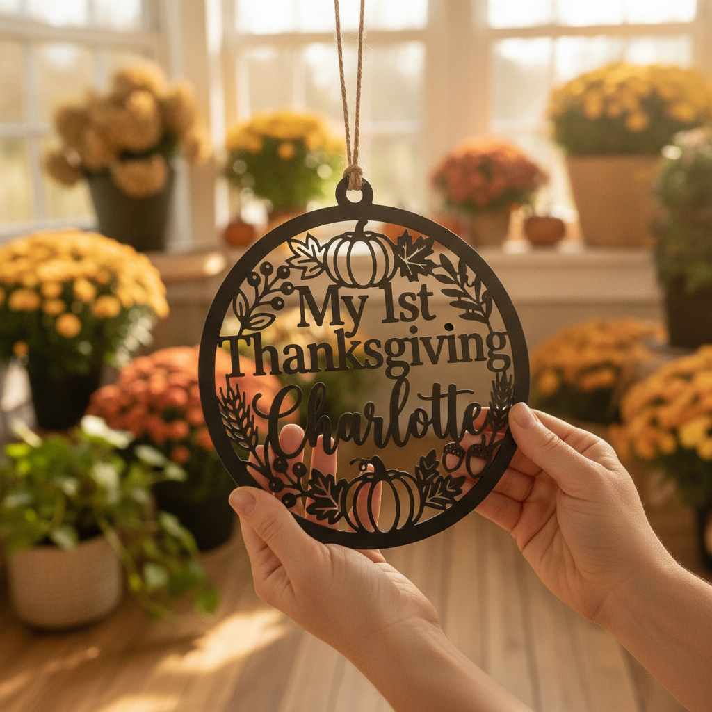 Personalized round My 1st Thanksgiving metal ornament with baby name and fall motifs – image 7