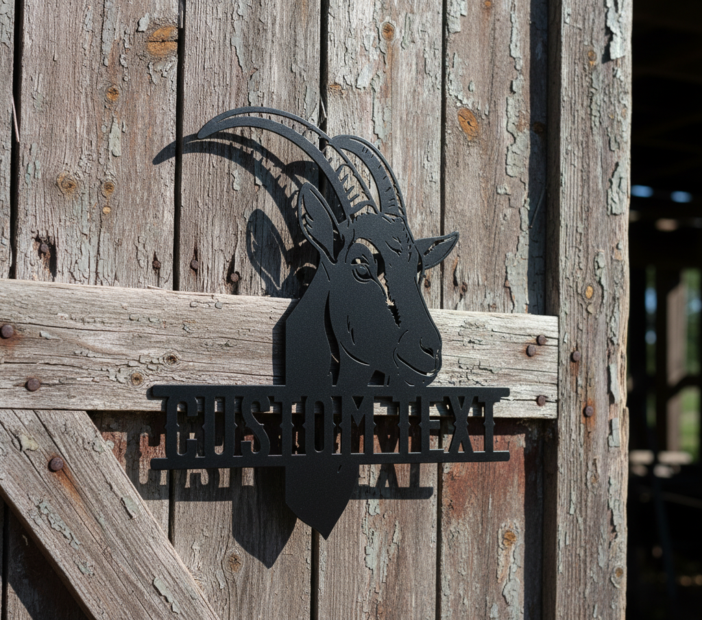 Personalized goat head metal sign with name for the goat barn in black steel