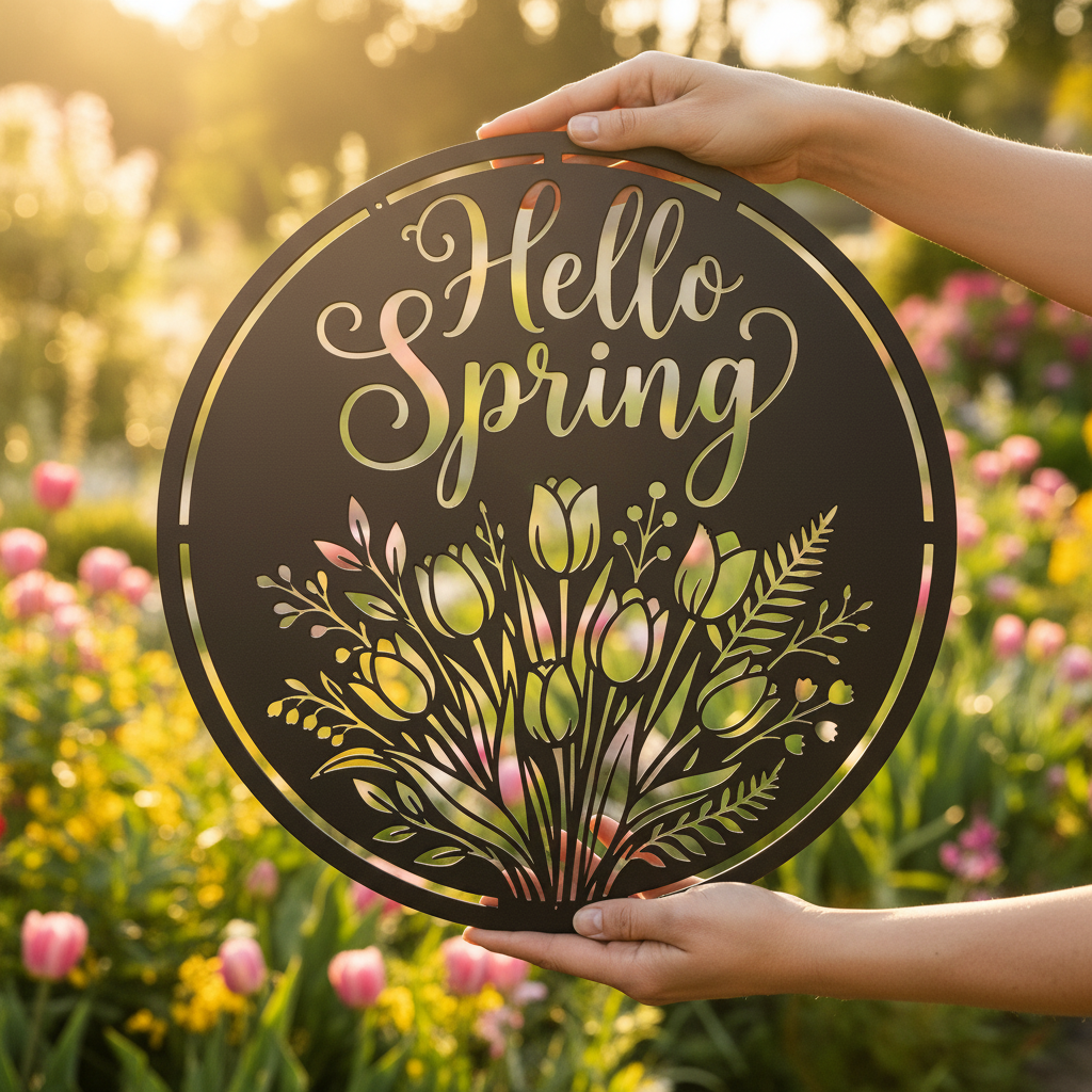 Rundes Metallschild Hello Spring mit Tulpenstrauß aus schwarzem Stahl – Bild 10