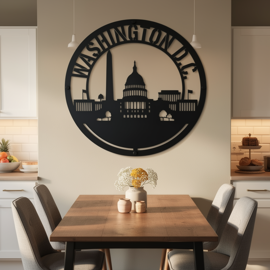 Round Washington D.C. skyline metal sign with Capitol and monuments in black steel – image 6