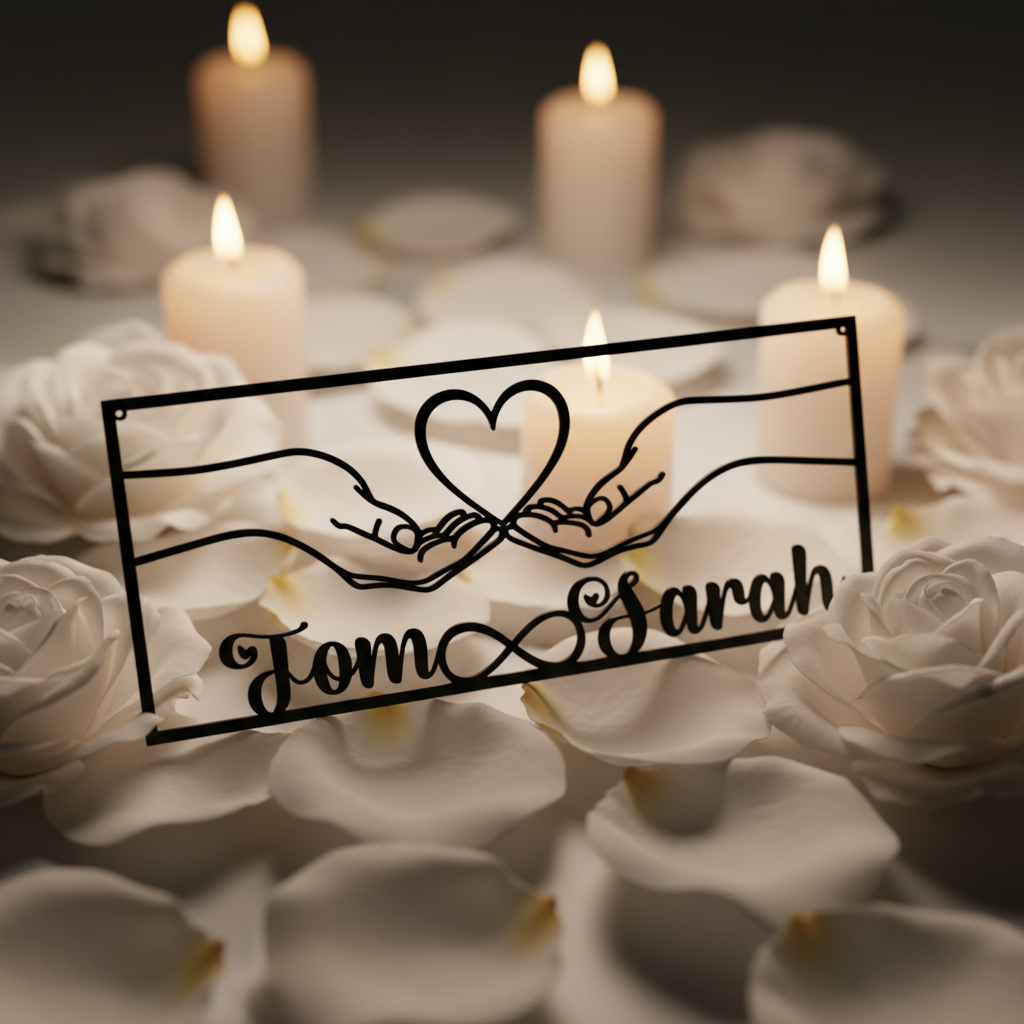 Personalized holding hands couple metal sign with heart and infinity symbol – image 2