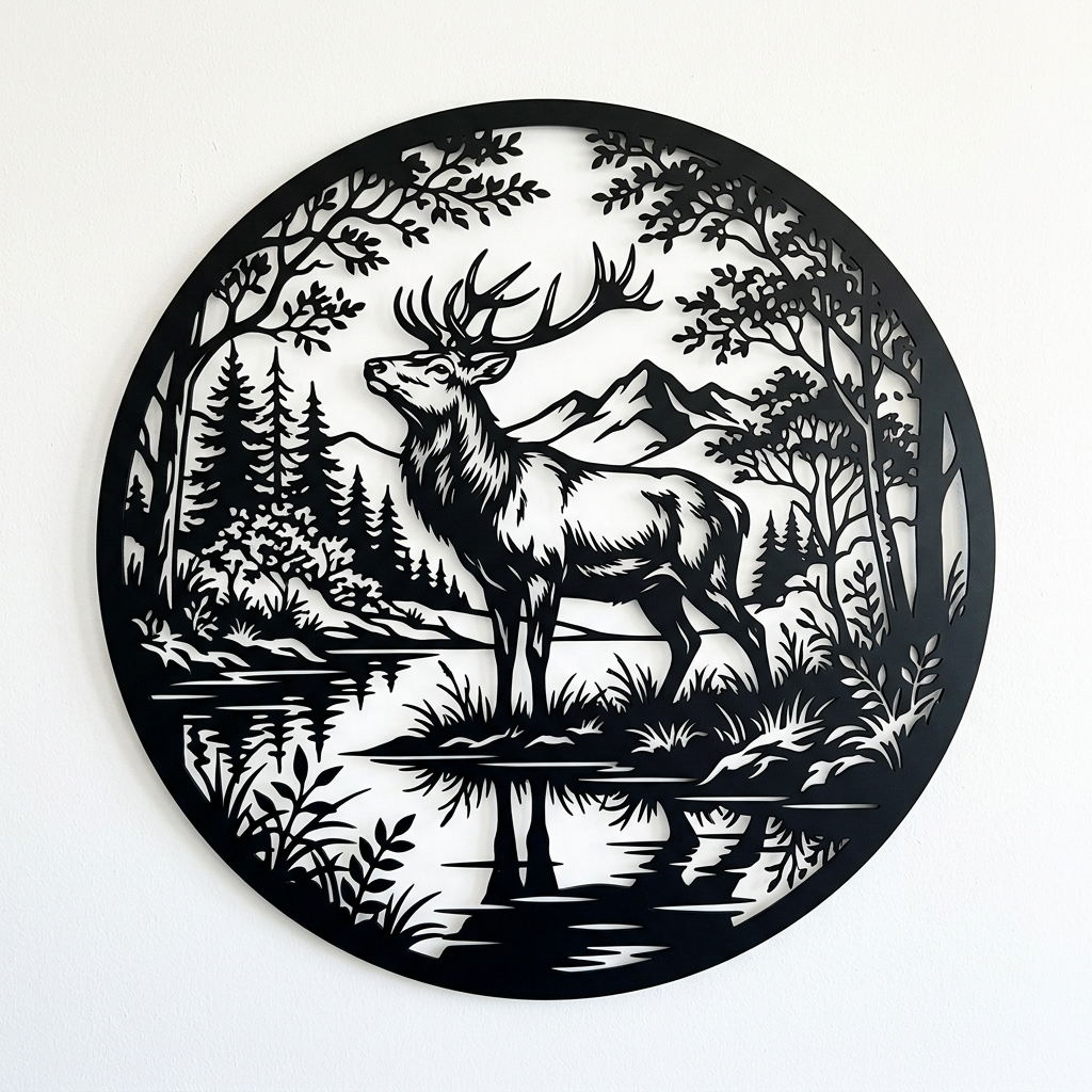 Majestätischer Hirsch mit großem Geweih vor Wald und Fluss, rundes Metallschild aus Stahl