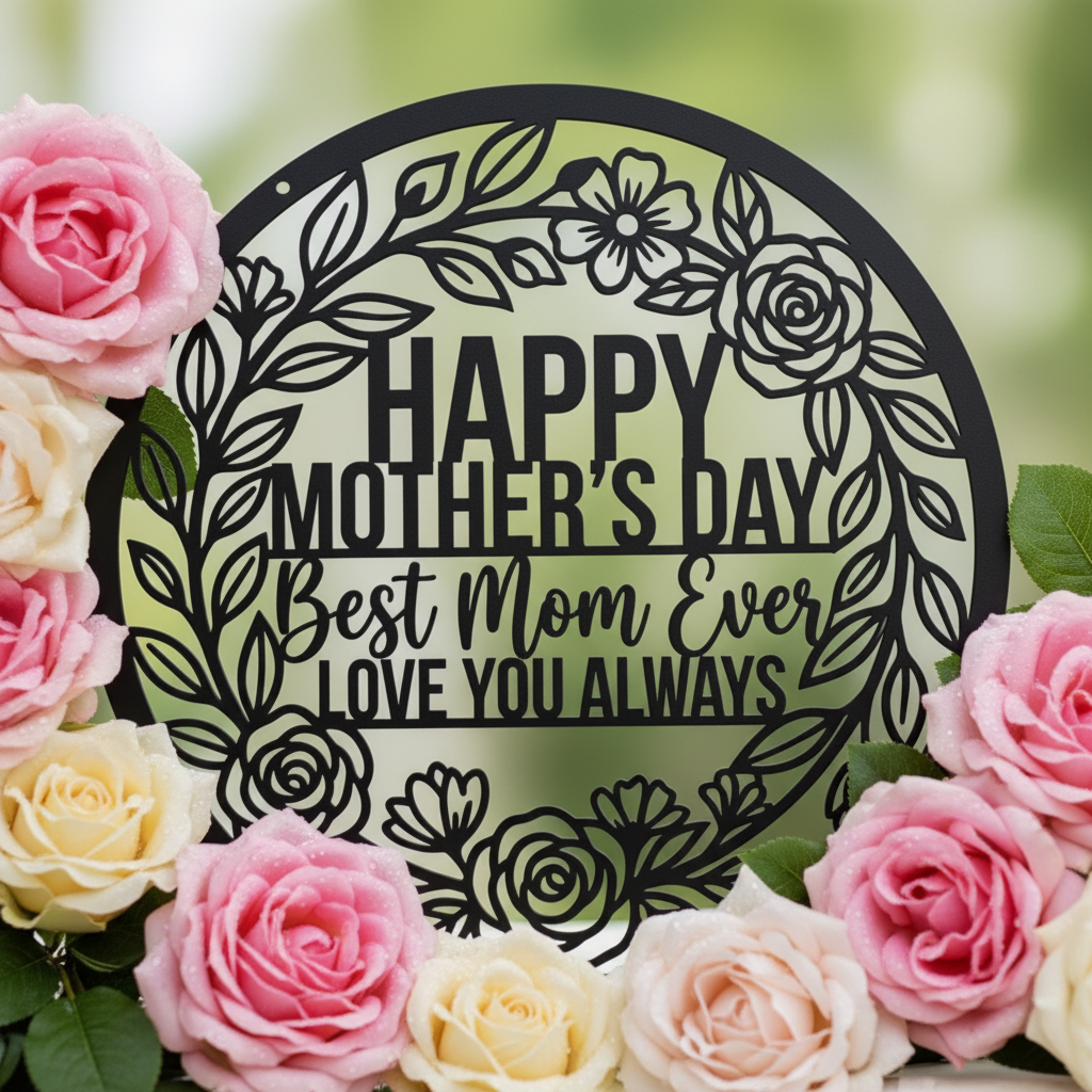 Happy Mother's Day Best Mom Ever Metallschild rund mit Blumenkranz – Bild 9