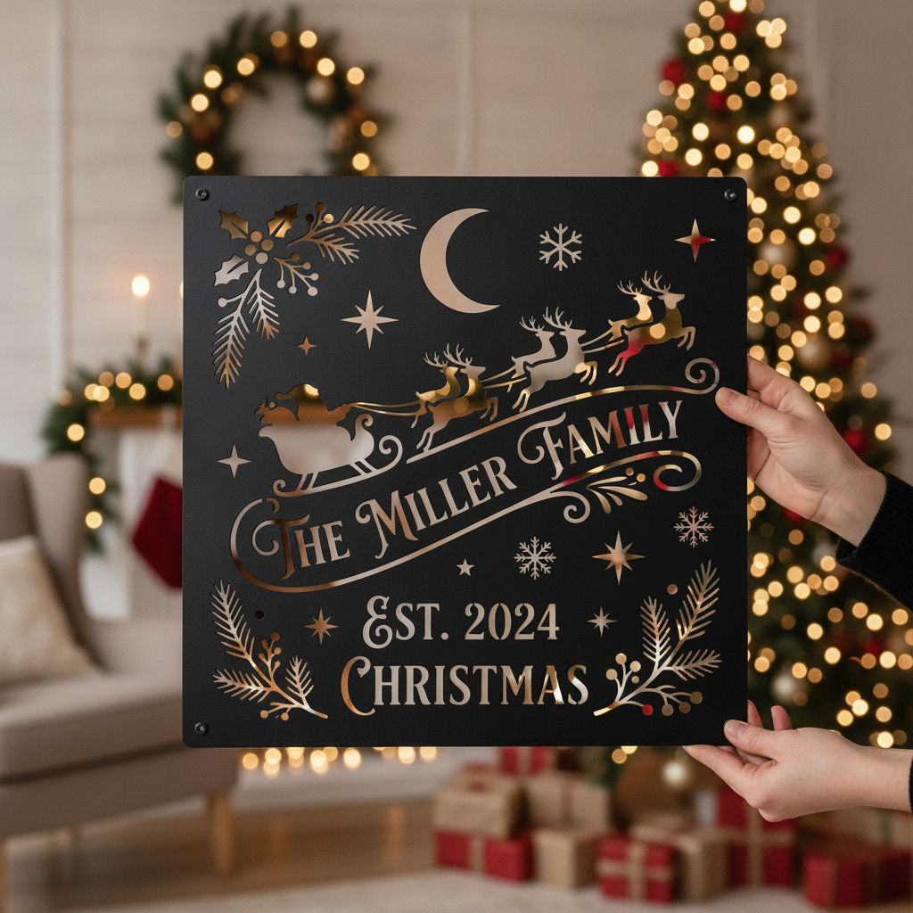 Personalisiertes Weihnachtsschild quadratisch mit Weihnachtsmann Schlitten und Rentieren – Bild 2