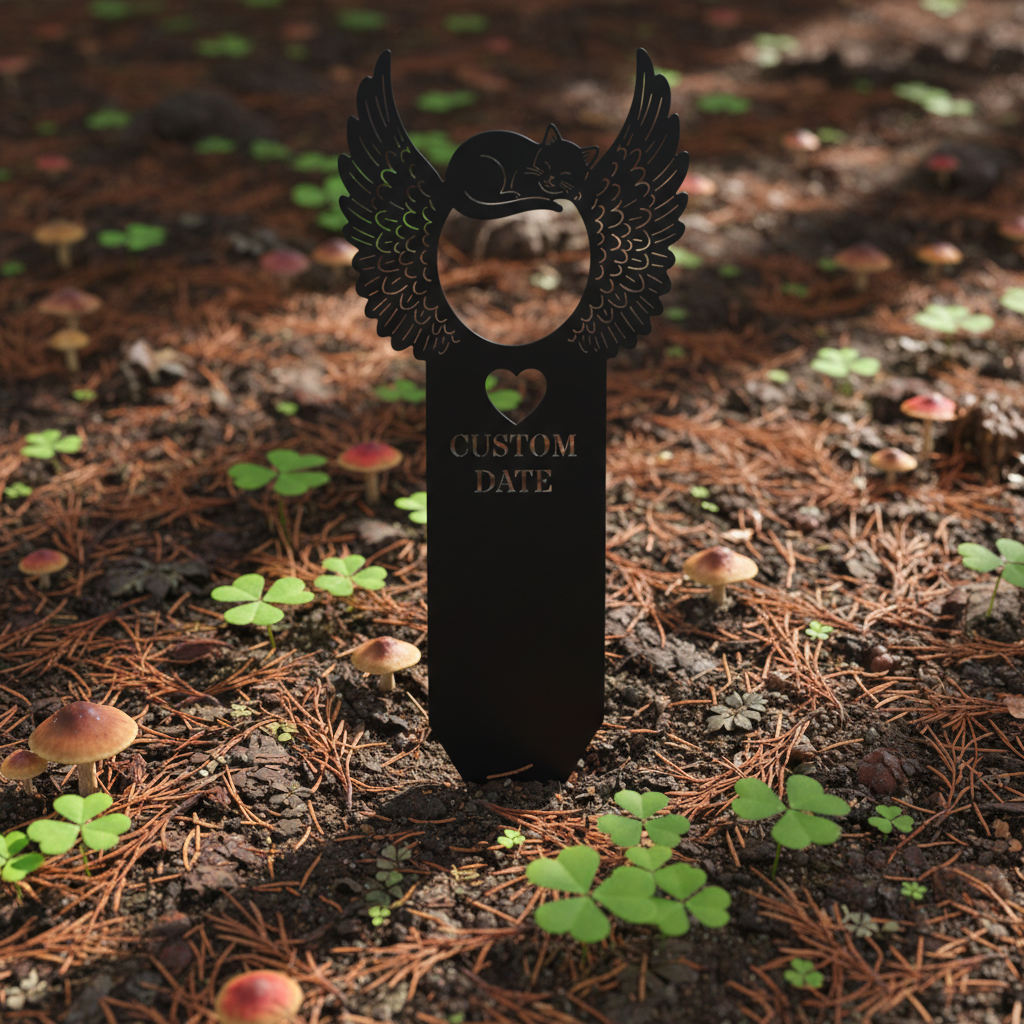 Personalized cat memorial garden stake with sleeping cat and angel wings in black steel – image 4