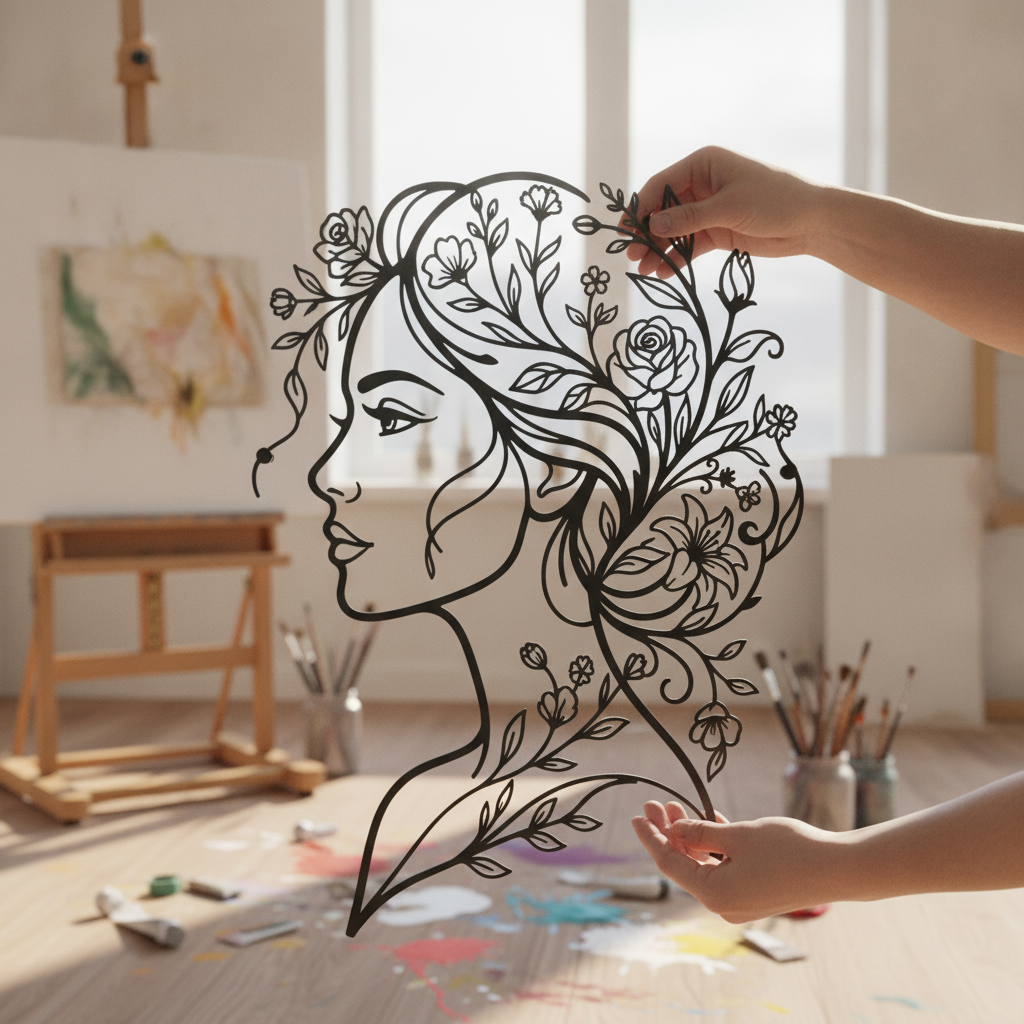 Personalized metal sign of a woman with flowers in her hair in black steel – image 2