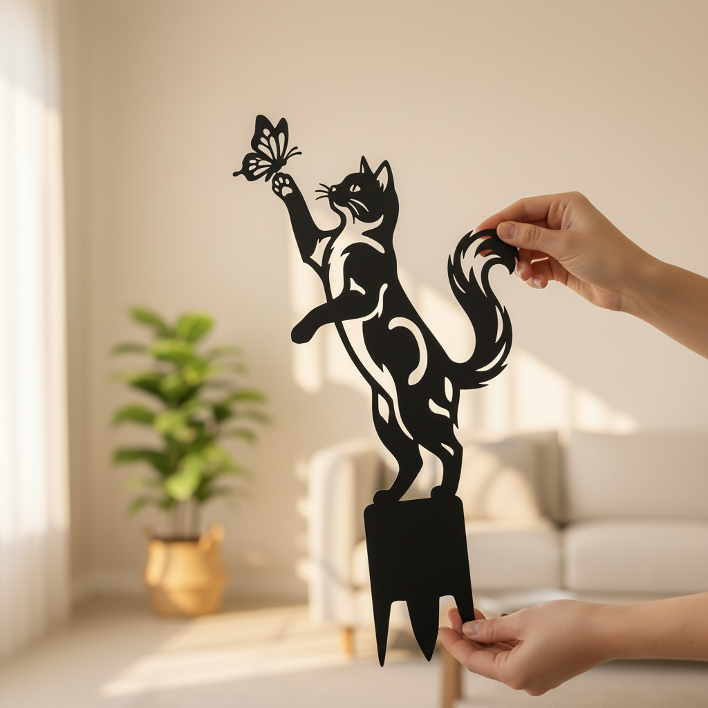 Stehende Katze mit Schmetterling und Pfote Gartenstecker – Bild 9