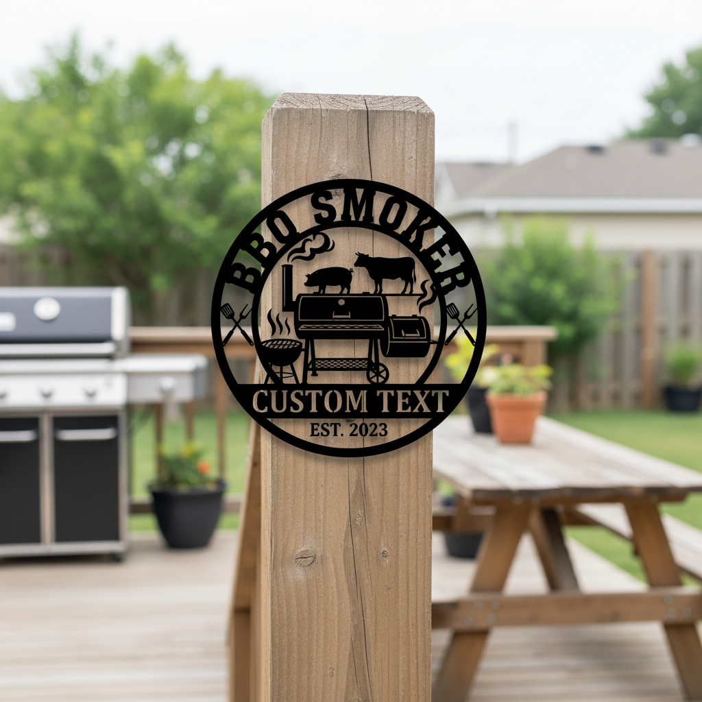Personalized BBQ smoker metal sign with name in black steel – image 7