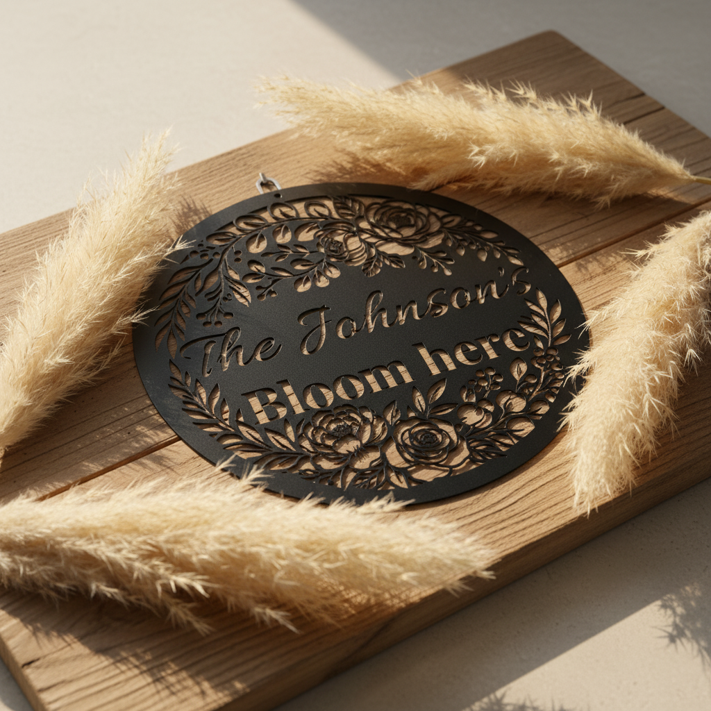 Personalisiertes Familienschild Bloom Here mit Blumen aus rundem schwarzem Stahl – Bild 10