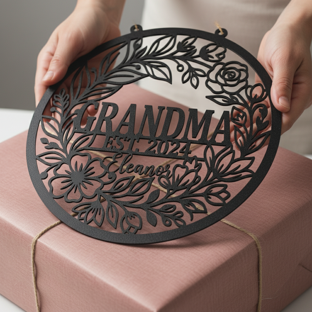 Personalisiertes Oma Metallschild mit Blumenkranz, Namen und Jahr – Bild 3