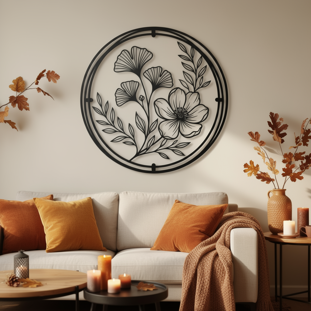 Ginkgoblätter mit Blüte im runden Rahmen Metall Wanddeko – Bild 5