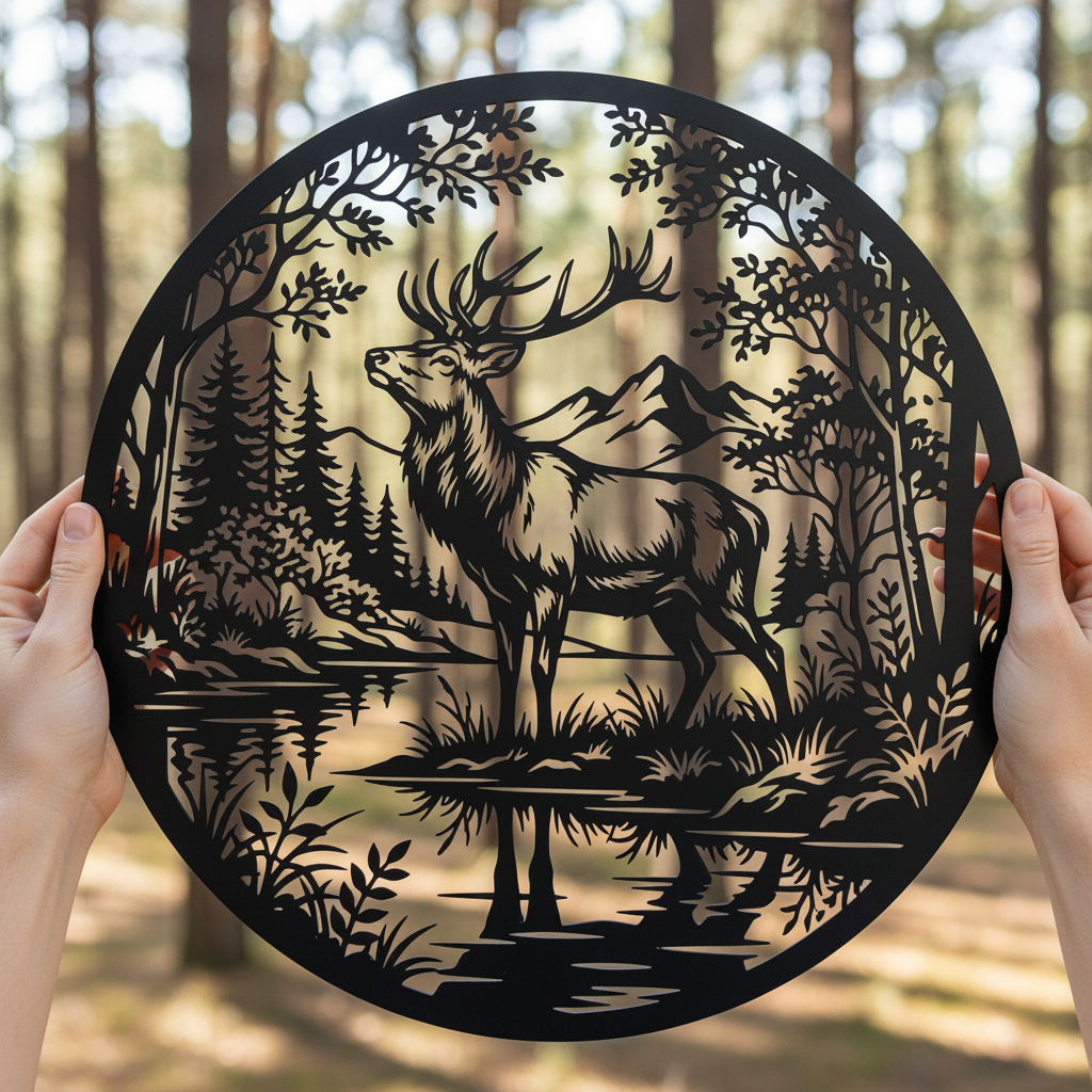 Majestätischer Hirsch mit großem Geweih vor Wald und Fluss, rundes Metallschild aus Stahl – Bild 9
