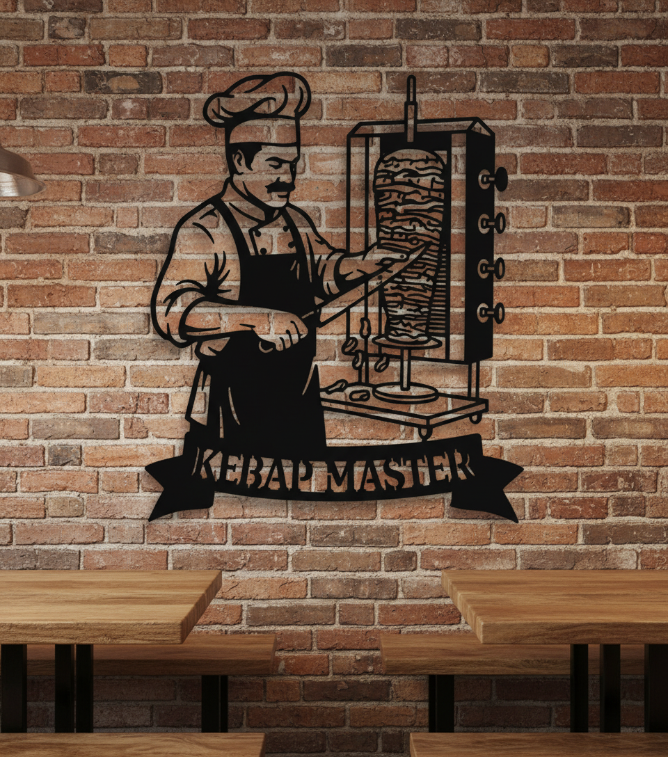 Döner Metallschild Kebap Master mit Koch und Dönerspieß aus schwarzem Stahl – Bild 2