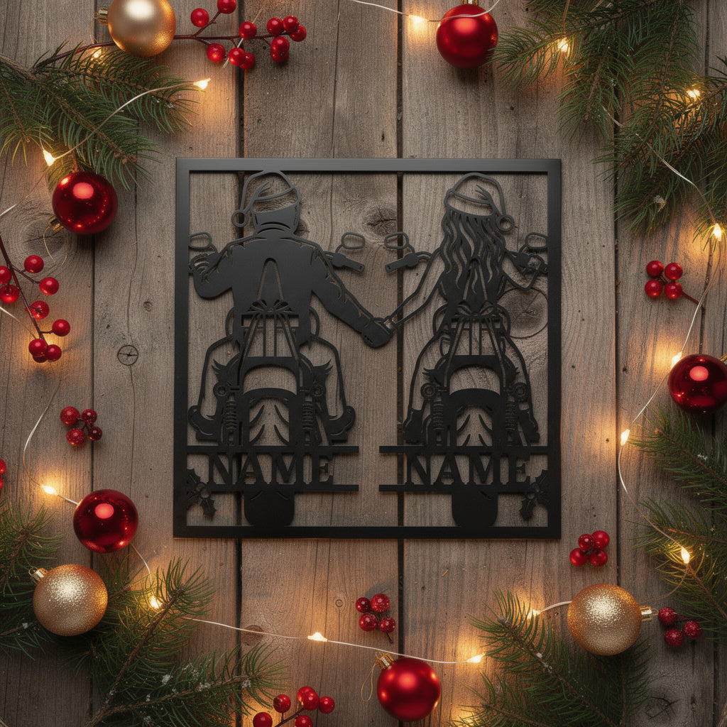 Personalized Christmas biker metal sign with name in black steel – image 7