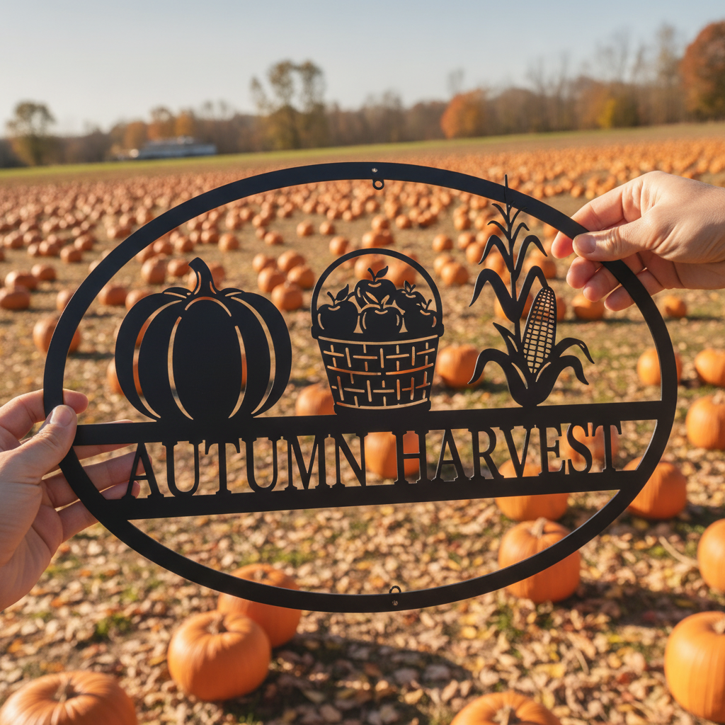 Oval Autumn Harvest metal sign with pumpkins and fall leaves in black steel – image 5
