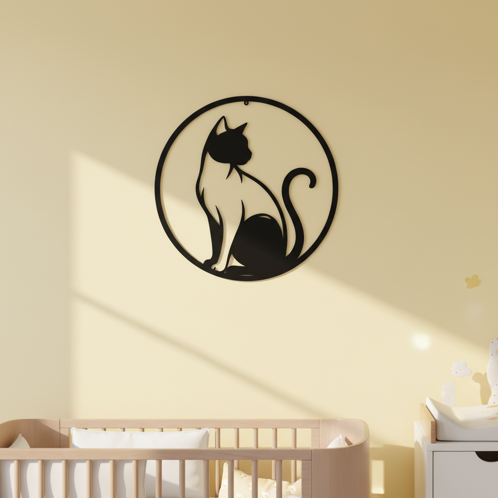 Round cat profile silhouette metal wall art in black steel – image 7