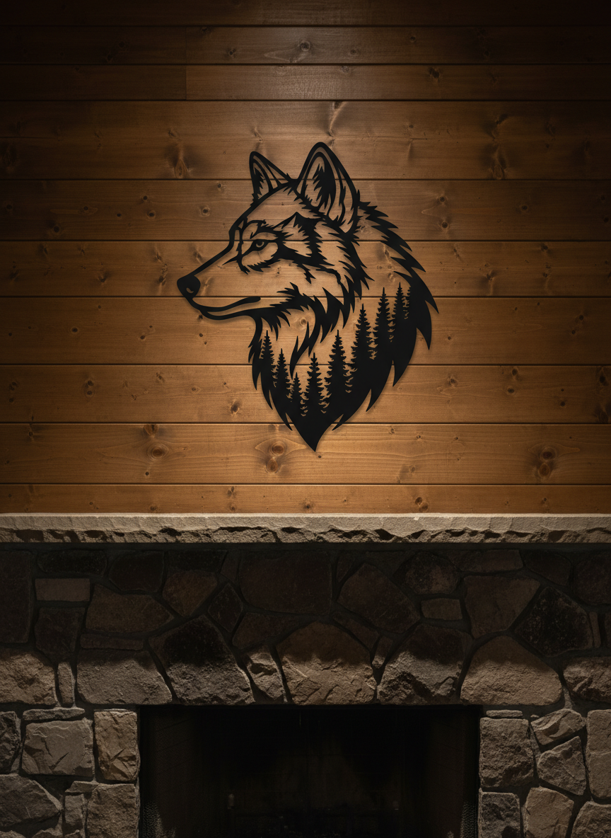 Wolfskopf mit Kiefernwald Metall Wanddeko matt schwarz – Bild 6