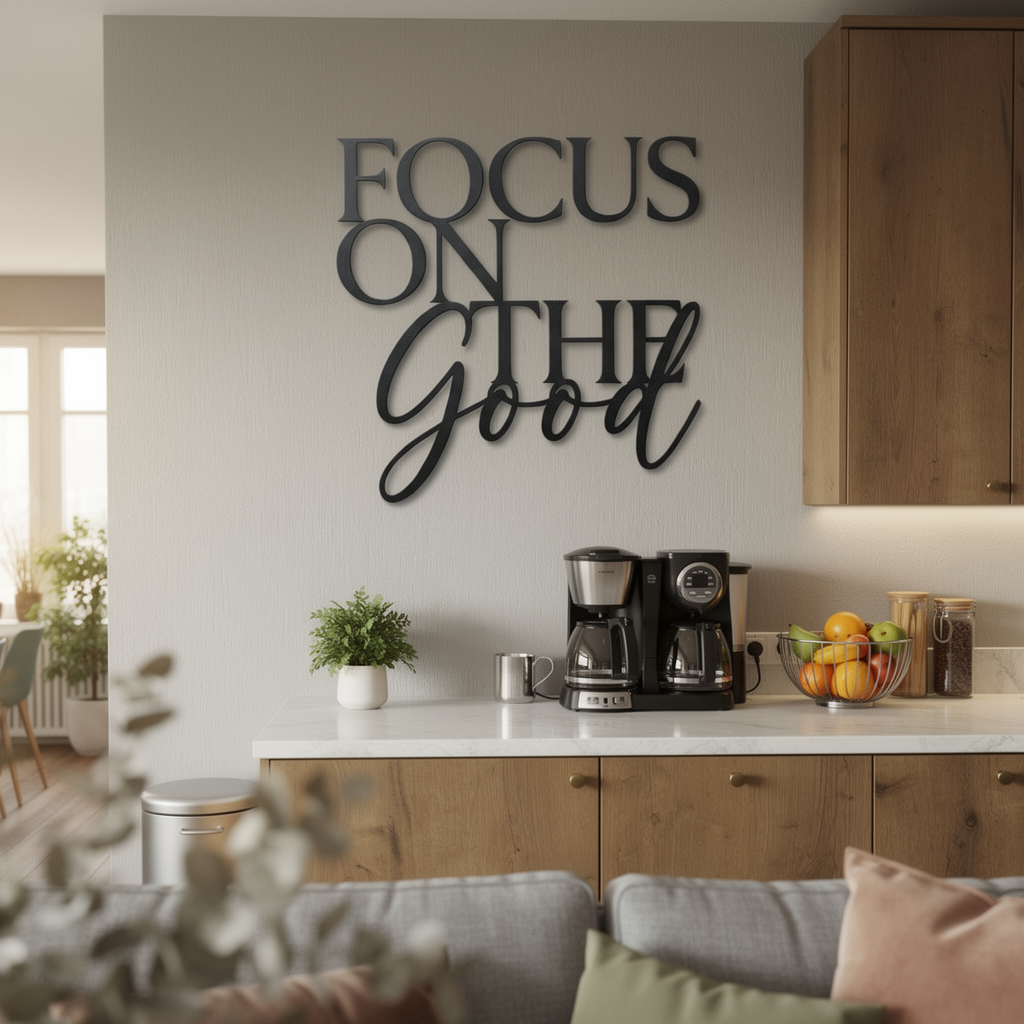 Focus on the good metal word sign in black steel as inspirational wall art – image 4