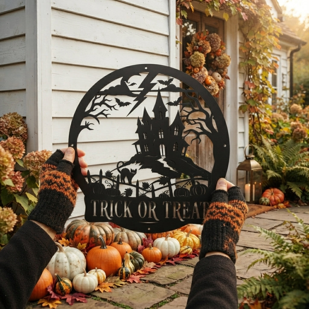 Halloween Spukhaus mit Fledermäusen Trick or Treat Metallschild rund – Bild 3