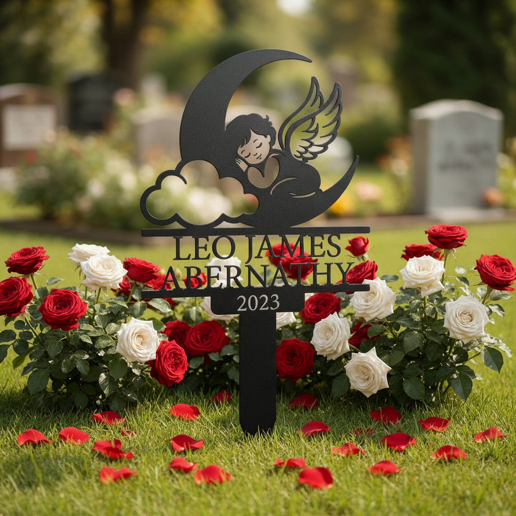 Personalized memorial stake with sleeping angel on crescent moon and cloud in black steel – image 9