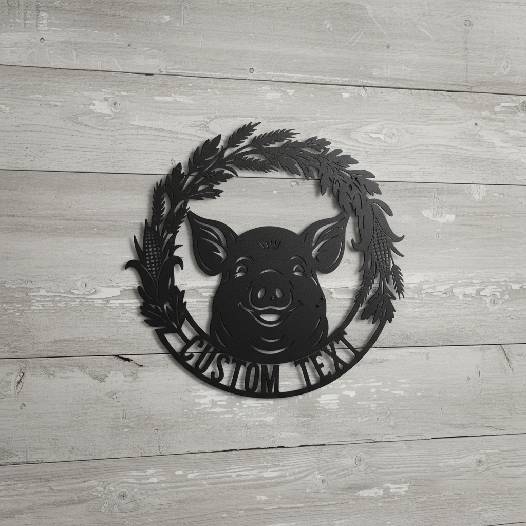 Personalized pig head farm sign with leaf wreath and name in black steel – image 10