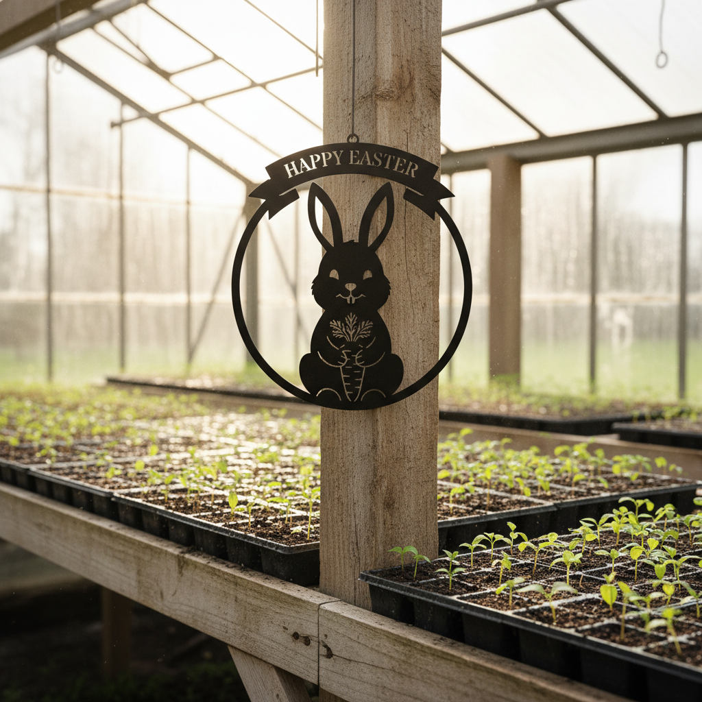 Round Happy Easter metal sign with bunny and carrot in black steel – image 7
