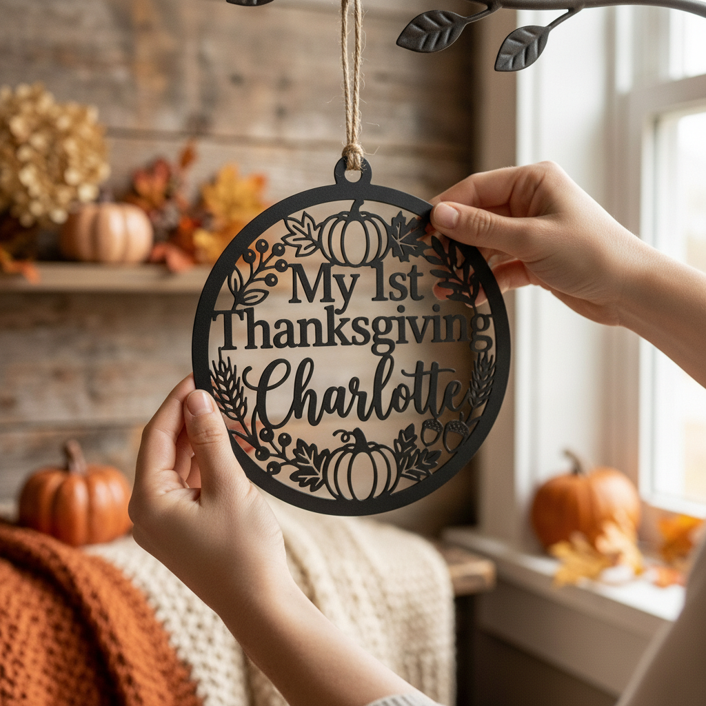 Personalized round My 1st Thanksgiving metal ornament with baby name and fall motifs – image 5