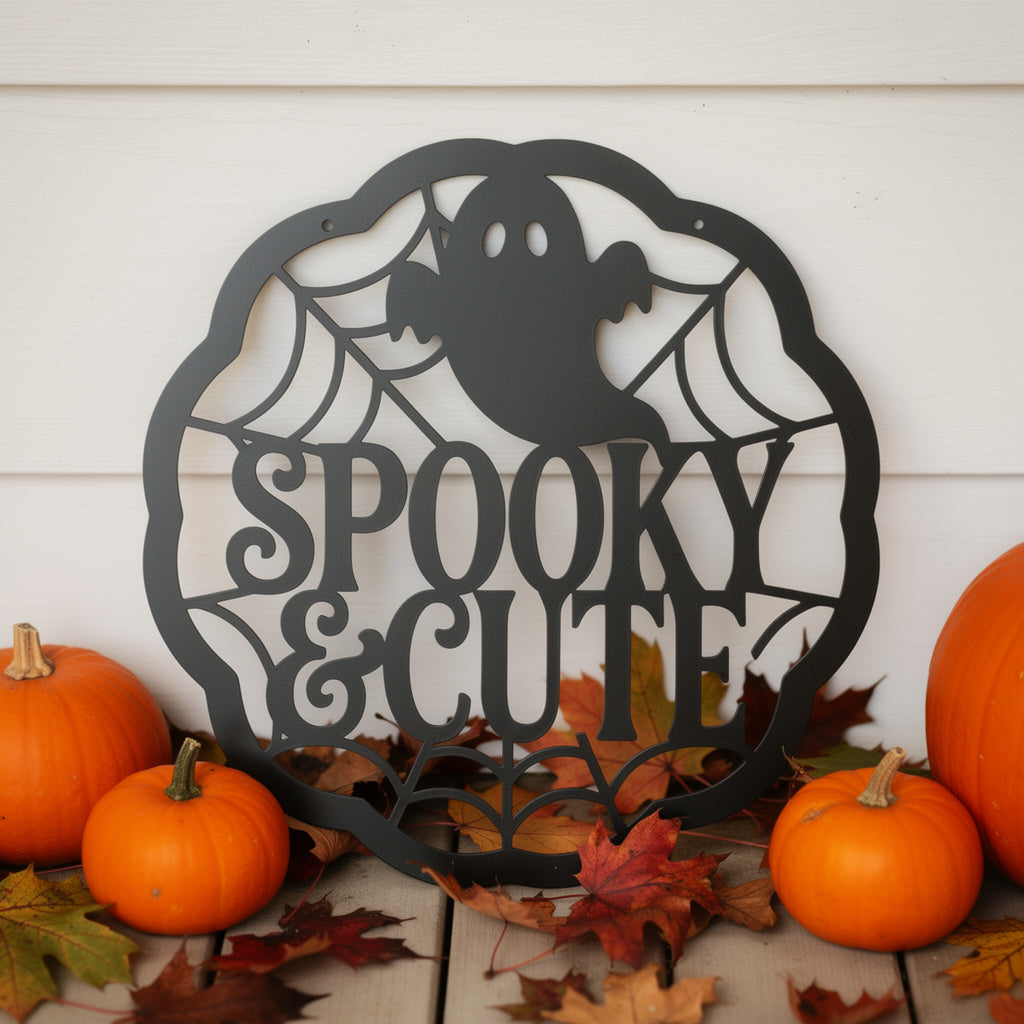 Round Halloween metal sign with cute ghost and spider web in black steel – image 9